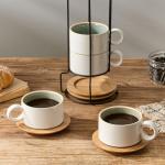 LUKA 6 Ounce Porcelain Stackable Espresso Cups with Saucers and Metal Stand Set of 4, Ceramic Cappuccino Cups Set for Specialty Coffee Drinks, Latte, Cafe Mocha and Tea, White Green Interior