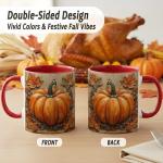 Rustic Pumpkin With Autumn Leaves Design Coffee Mug, Fall Harvest Mug For Thanksgiving Party And Everyday Drinkware, Oak Leaves Acorns And Farmhouse Style Illustration On Beige Background (Red)