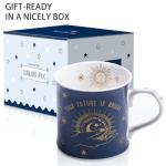 Blue Celestial Coffee Mug, "Your Future is Bright" Inspirational Theme Ceramic Mug, 12 oz New Bone China Mug with Tarot Symbols of Sun, Moon & Stars, Designed in England by Harvest Green Studio