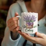 Elegant Lavender In Box Coffee Mug, Custom Name Nature Inspired Cup 11oz 15oz, Botanical Ceramic Mug, Personalized Flower Themed Accent Cup, Gifts For Lavender Lovers