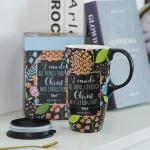 Topadorn Ceramic Travel Mug with Lid and Handle for Coffee Lovers, Ceramic Coffee Mug Latte Teacup Milk Mug in Color Box 17 Oz, Black Art Tea Mug