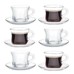 GURUDAR Glass Tea Cups and Saucers Set of 6, Clear Coffee Mugs with Stainless Steel Spoon, Dishwasher & Microwave Safe Teacups for Espresso Cappuccino Latte Tea Juice, 6OZ/180ML
