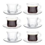 GURUDAR Glass Tea Cups and Saucers Set of 6, Clear Coffee Mugs with Stainless Steel Spoon, Dishwasher & Microwave Safe Teacups for Espresso Cappuccino Latte Tea Juice, 6OZ/180ML