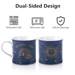 Blue Celestial Coffee Mug, "Your Future is Bright" Inspirational Theme Ceramic Mug, 12 oz New Bone China Mug with Tarot Symbols of Sun, Moon & Stars, Designed in England by Harvest Green Studio