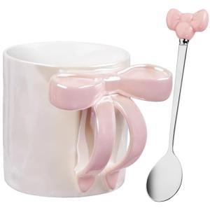 NiHome 12OZ Bow Handle Ceramic Coffee Mug for Home, Office, Travel, Electroplated Finish with Shimmering Starry Glow, High-Temperature Fired for Durability(Pink)
