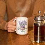 Elegant Lavender In Box Coffee Mug, Custom Name Nature Inspired Cup 11oz 15oz, Botanical Ceramic Mug, Personalized Flower Themed Accent Cup, Gifts For Lavender Lovers