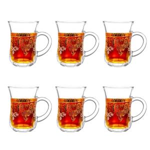 binsakao Turkish Tea Glasses Set of 6 - Gold Moroccan Tea Cups with Handle - 5 oz Footed Glass Coffee Mugs for Hot Cold Beverages Drinks