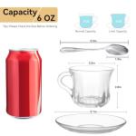 GURUDAR Glass Tea Cups and Saucers Set of 6, Clear Coffee Mugs with Stainless Steel Spoon, Dishwasher & Microwave Safe Teacups for Espresso Cappuccino Latte Tea Juice, 6OZ/180ML