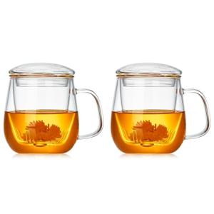 DOPUDO Glass Teacups 2 Pack Glass Tea Cup with Infuser and Lid, 17.6oz/520ml Large Borosilicate Teacup,Tea Clear Mug Cup for Loose Leaf Blooming Tea, Microwave & Dishwasher Safe.