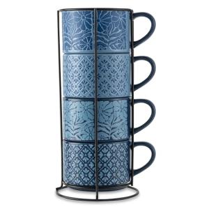 4-Piece Stacking Stoneware Mugs with Wire Rack (11.1 fl oz) - Blue Flowers & Blue Shapes Coffee Tea Cups