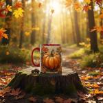 Rustic Pumpkin With Autumn Leaves Design Coffee Mug, Fall Harvest Mug For Thanksgiving Party And Everyday Drinkware, Oak Leaves Acorns And Farmhouse Style Illustration On Beige Background (Red)