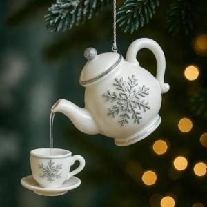 Vintage-Style Christmas Teapot Ornament, Hanging Tree Ornaments with Ceramic Style & Tea Cup Design, Festive Holiday Decoration, Collectible Gift for Tea Lovers