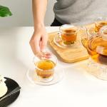 GURUDAR Glass Tea Cups and Saucers Set of 6, Clear Coffee Mugs with Stainless Steel Spoon, Dishwasher & Microwave Safe Teacups for Espresso Cappuccino Latte Tea Juice, 6OZ/180ML