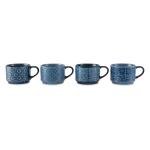 4-Piece Stacking Stoneware Mugs with Wire Rack (11.1 fl oz) - Blue Flowers & Blue Shapes Coffee Tea Cups