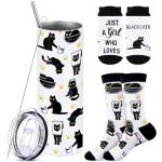 Funnymoom 2 Pack Black Cat Gifts Set Skinny Tumbler 20 oz Travel Coffee Mug Novelty Cute Animals Socks, Christmas Birthday Party Gifts for Cat Theme