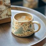 NZYDGXSY 16OZ Ceramic Coffee Latte Mug, Cute Cup for Women, Ideal for Green Tea or Coffee,Hand Painted Floral Design Pottery Mug (cyan)