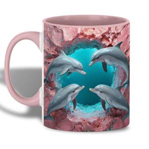 ATSAKA Dolphin Love Ocean Art Coffee Mug, Romantic Sea Animal Mug, Valentine’s Day Couple Gift Theme, Heart Cave Underwater Design, 11oz Ceramic Mug with Colored Handle for Daily Coffee & Tea Use