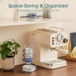 vancasso 2.5OZ Espresso Cups Set of 4, Porcelain Stackable Cappuccino Cups, Demitasse Coffee Cups and Saucers Set with Metal Stand for Specialty Drinks, Series SELENE (Vintage Blue, 2.5 Ounce)