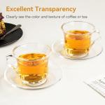 GURUDAR Glass Tea Cups and Saucers Set of 6, Clear Coffee Mugs with Stainless Steel Spoon, Dishwasher & Microwave Safe Teacups for Espresso Cappuccino Latte Tea Juice, 6OZ/180ML
