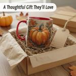 Rustic Pumpkin With Autumn Leaves Design Coffee Mug, Fall Harvest Mug For Thanksgiving Party And Everyday Drinkware, Oak Leaves Acorns And Farmhouse Style Illustration On Beige Background (Red)