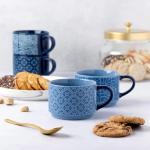 4-Piece Stacking Stoneware Mugs with Wire Rack (11.1 fl oz) - Blue Flowers & Blue Shapes Coffee Tea Cups