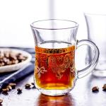 binsakao Turkish Tea Glasses Set of 6 - Gold Moroccan Tea Cups with Handle - 5 oz Footed Glass Coffee Mugs for Hot Cold Beverages Drinks