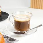 GURUDAR Glass Tea Cups and Saucers Set of 6, Clear Coffee Mugs with Stainless Steel Spoon, Dishwasher & Microwave Safe Teacups for Espresso Cappuccino Latte Tea Juice, 6OZ/180ML