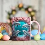 ATSAKA Dolphin Love Ocean Art Coffee Mug, Romantic Sea Animal Mug, Valentine’s Day Couple Gift Theme, Heart Cave Underwater Design, 11oz Ceramic Mug with Colored Handle for Daily Coffee & Tea Use