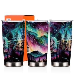 HODREU Aesthetic Tumbler Northern Lights Lover Aurora Themed Gifts Tumbler Insulated Travel Mug for Coworker Women Nature Forest Lovers 20 Oz Stainless Steel Thermal Cup Christmas Birthday
