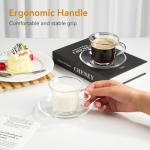 GURUDAR Glass Tea Cups and Saucers Set of 6, Clear Coffee Mugs with Stainless Steel Spoon, Dishwasher & Microwave Safe Teacups for Espresso Cappuccino Latte Tea Juice, 6OZ/180ML