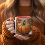 Rustic Pumpkin With Autumn Leaves Design Coffee Mug, Fall Harvest Mug For Thanksgiving Party And Everyday Drinkware, Oak Leaves Acorns And Farmhouse Style Illustration On Beige Background (Red)