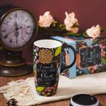 Topadorn Ceramic Travel Mug with Lid and Handle for Coffee Lovers, Ceramic Coffee Mug Latte Teacup Milk Mug in Color Box 17 Oz, Black Art Tea Mug
