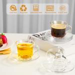 GURUDAR Glass Tea Cups and Saucers Set of 6, Clear Coffee Mugs with Stainless Steel Spoon, Dishwasher & Microwave Safe Teacups for Espresso Cappuccino Latte Tea Juice, 6OZ/180ML