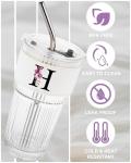 Initial Glass Straw Cup with Lid Ribbed Ice Tea Coffee Matcha Latte Tumbler Women Her Sister Girlfriend Gf Aunt Best Friend Friendship Bestie Wife Cute Birthday Asthetic Unique Personalized Gift H