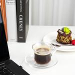 GURUDAR Glass Tea Cups and Saucers Set of 6, Clear Coffee Mugs with Stainless Steel Spoon, Dishwasher & Microwave Safe Teacups for Espresso Cappuccino Latte Tea Juice, 6OZ/180ML