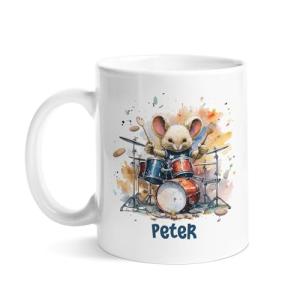 Animal Themed Personalized Name On A Cute Mouse Playing Drum Tea Cups, Novelty Design With Customized Ceramic Coffee Mugs For Drum Lovers, Custom Drum Travel Cups Presents For Kids
