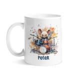 Animal Themed Personalized Name On A Cute Mouse Playing Drum Tea Cups, Novelty Design With Customized Ceramic Coffee Mugs For Drum Lovers, Custom Drum Travel Cups Presents For Kids
