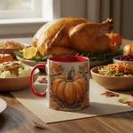 Rustic Pumpkin With Autumn Leaves Design Coffee Mug, Fall Harvest Mug For Thanksgiving Party And Everyday Drinkware, Oak Leaves Acorns And Farmhouse Style Illustration On Beige Background (Red)