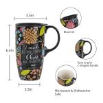 Topadorn Ceramic Travel Mug with Lid and Handle for Coffee Lovers, Ceramic Coffee Mug Latte Teacup Milk Mug in Color Box 17 Oz, Black Art Tea Mug