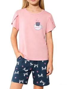 Mikrdoo Teen Girl Pajamas Cozy Short Sleeve PJs Set Trendy Loose Fit Sleepwear, Gray Teacup Cat, Size 16Y