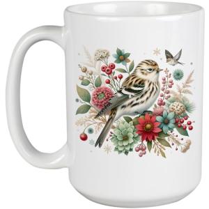 Beautiful Bird Illustration Mug, Bird and Floral Art Mug, Nature Inspired Coffee Mug, Cute Bird Lover, Unique Bird Design Mug - White Ceramic Mug