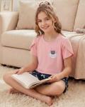 Mikrdoo Teen Girl Pajamas Cozy Short Sleeve PJs Set Trendy Loose Fit Sleepwear, Gray Teacup Cat, Size 16Y