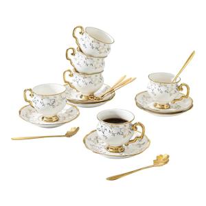 Gold Rim White Ceramic Coffee Cup and Saucer Set