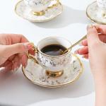 Gold Rim White Ceramic Coffee Cup and Saucer Set