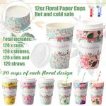 Floral 16oz Disposable Paper Coffee Cups Set