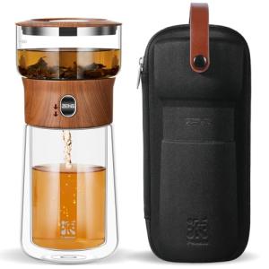 ZENS Modern Glass Infuser Teapot, One Touch Tea Maker for Loose Leaf Tea with Insulated Mug and Portable Case. Enchanted Pot Alternatives for Tea Lover Gifts