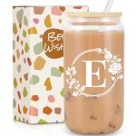 Frerdui Birthday Gifts for Women, Monogrammed Initial Glass Cup Personalized Gifts for Women, 16oz Glass Cups with Lids and Straws, Iced Coffee Cup, Beer Can Shaped - Gift for Christmas, Birthday, E