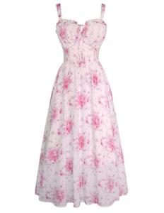 Floral Corset Dress for Women 2026 Spring Midi Dresses High Waisted Tea Party Flowy Dress Pink XL
