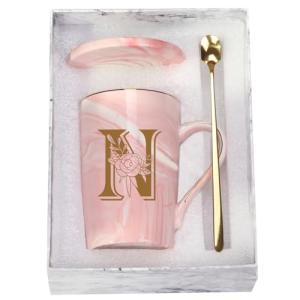 Letter N Personalized Initial Mugs with Flower, Letter N Personalized Novelty Coffee Mug, Novelty Letter Coffee Mugs for Women, Bridal Shower Gifts, Women's Initials Gifts Coffee Mug 14 Ounce Pink