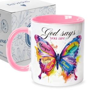 Inspirational Gifts for Christian Women Friends Sister, God says You Are Amazing Coffee Mugs 11Oz with Butterfly, Religious Spiritual Faith Gifts, Birthday Christmas Thankgiving Gift for Coworkers
